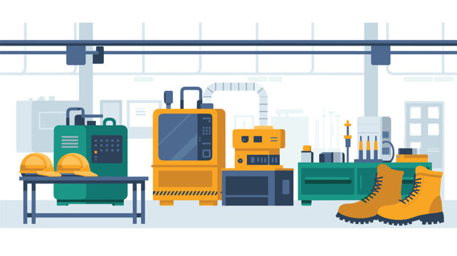 A green industrial machine and a yellow processing unit sit adjacent to a workbench with safety boots and helmets in a bright, modern manufacturing hall with muted tones.