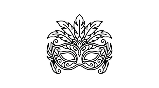 Intricate black and white line art illustration of a decorative masquerade carnival mask.