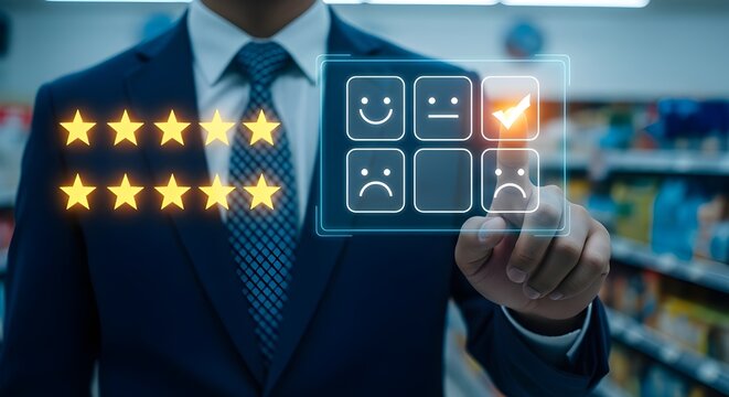 Customer satisfaction survey interface being touched by a professional businessman in a dark suit with glowing digital star rating icons