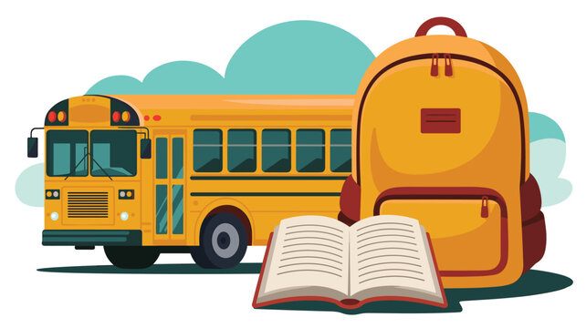 A classic yellow school bus stands prominently beside a large brown backpack and an open textbook against a soft light blue background.