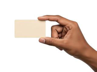 Fototapeta premium Hand holding blank beige card against transparent background providing space for text and design.