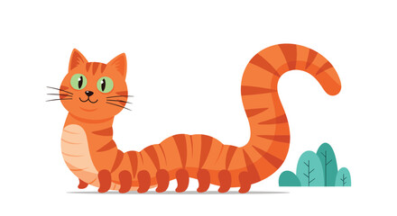 Fototapeta premium Humorous cartoon illustration of a ginger tabby cat with an elongated caterpillar-like body standing in a grassy field.