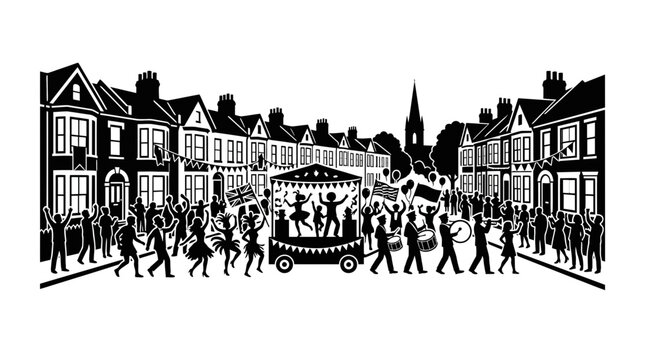 A lively street parade with performers dancing on a float and musicians marching.