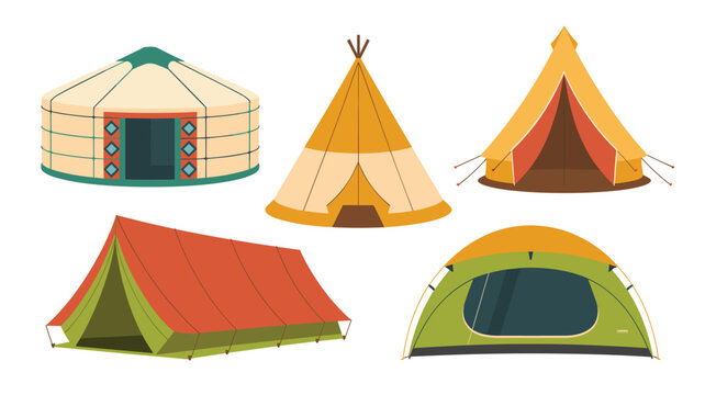 A diverse collection of five different tent styles including a yurt, teepee, and dome tent are displayed in a clean flat vector design style.