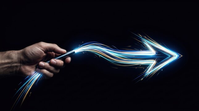 Dynamic hand gesture creating light arrow effect dark background digital art futuristic close-up