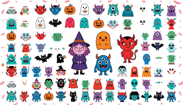 Cute Halloween Character Mega Set &ndash; Colorful Cartoon Monster, Ghost, Witch, Vampire and Zombie Collection