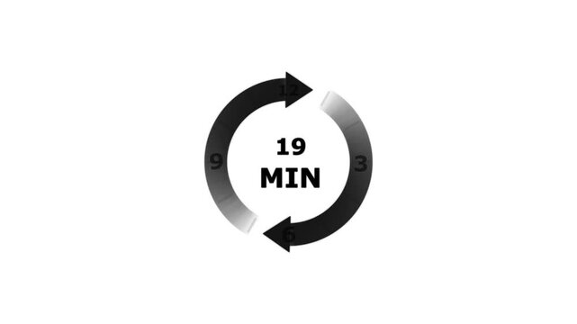 Circular timer with nineteen minutes duration and black arrows on a white background showing a gradient ring with numbers twelve three six nine