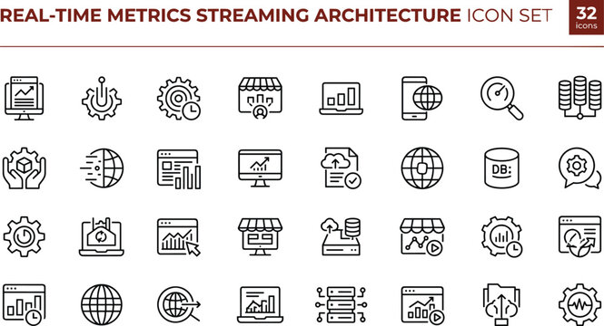 Real Time Metrics Streaming Architecture Line Icons Set for Analytics Monitoring and Observability Platforms