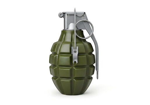 Green military grenade with metal safety lever and pin