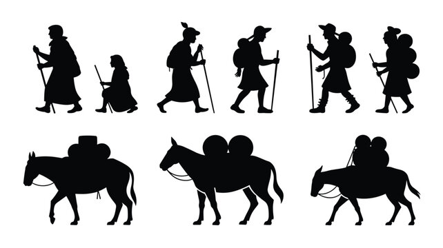 Silhouettes of diverse travelers equipped with backpacks and walking sticks march alongside pack mules in a structured horizontal row.