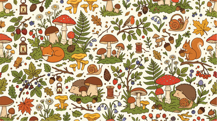Seamless pattern featuring cute forest animals and mushrooms in a detailed hand drawn artistic style © hadi