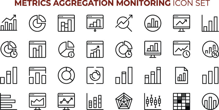 Metrics Aggregation Monitoring Line Icons Set for Analytics Dashboards KPI Tracking and Data Visualization