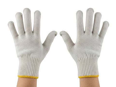 Pair of white knitted work gloves with yellow trim on person's hands isolated against checkered background.