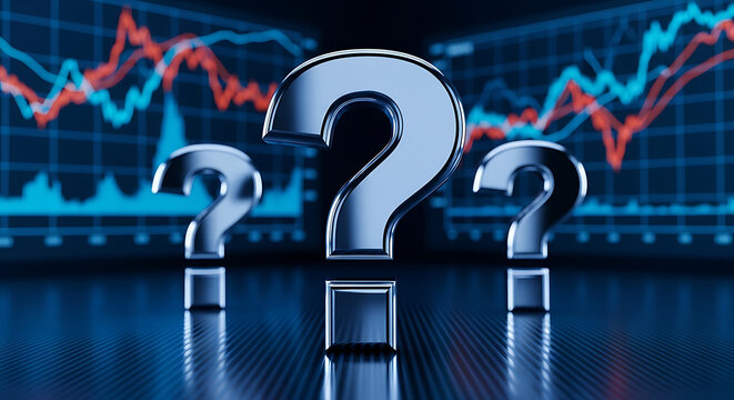 Metallic question marks standing over digital financial stock market graphs background with question mark business analysis investment uncertainty strategy corporate decisions financial