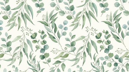 Elegant watercolor pattern featuring delicate green eucalyptus branches painted on a smooth cream colored paper background © hadi