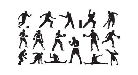 Obraz premium Collection of athletic people silhouettes engaged in various sports activities and fitness exercises on white background.