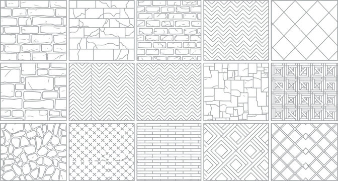 Assorted brick and geometric pattern tile textures vector set with geometric background collection architecture cladding construction crosshatch herringbone material building exterior