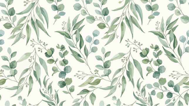 Elegant watercolor pattern featuring delicate green eucalyptus branches painted on a smooth cream colored paper background