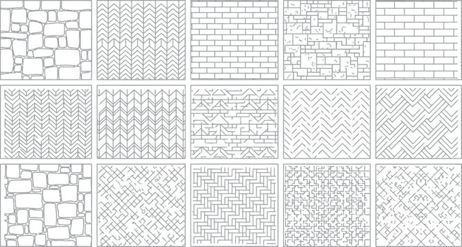 Hand drawn brickwork and geometric texture patterns collection with geometric background collection architecture cladding construction herringbone crosshatch material building exterior