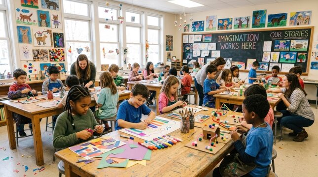 Children in a classroom, engaged in art activities, with a teacher supervising.