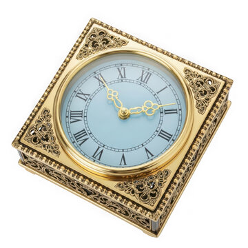 Ornate gold clock with light blue face
