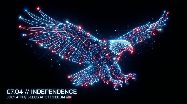 Patriotic 4th of July graphic featuring a glowing blue and red neon wireframe bald eagle in flight with high-tech linear typography on a black background.