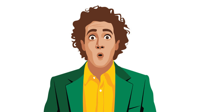 A vibrant cartoon-style illustration depicts a man with curly brown hair and a green jacket looking surprised with wide open eyes.