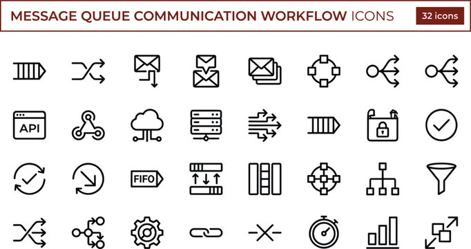 Message Queue Communication Workflow Line Icons Set for Distributed Messaging Integration and Process Automation