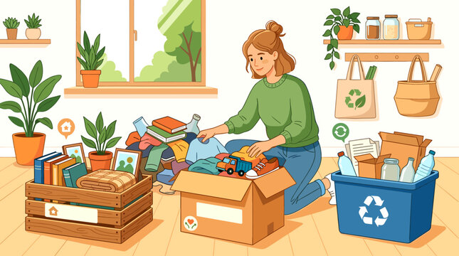 Woman sorting clothes and recyclables for donation or disposal, promoting sustainable living and decluttering her home with organized bins and plants
