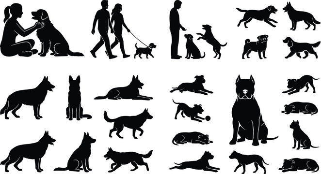 Dog Silhouette Collection with Pet Training Walking Playing and Human Canine Interaction Activities