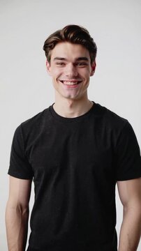 Young man in black t-shirt thinking and smiling against white background medium shot