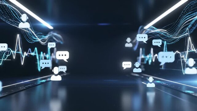 Abstract digital artwork visually represents real-time global conversations and communication networks, showcasing dynamic data flows and interactive social connections forming a vibrant
