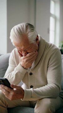 Mature man in beige sweater sitting on sofa using smartphone and reacting with distress