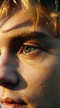Young man with green eyes looking away in golden hour sunlight, extreme close up shot