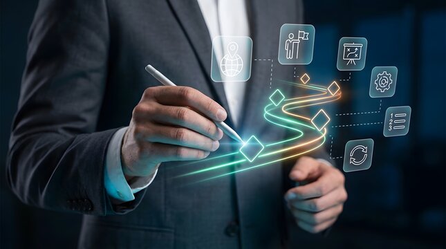A businessman in a suit draws a glowing roadmap with icons representing business strategy and goals.