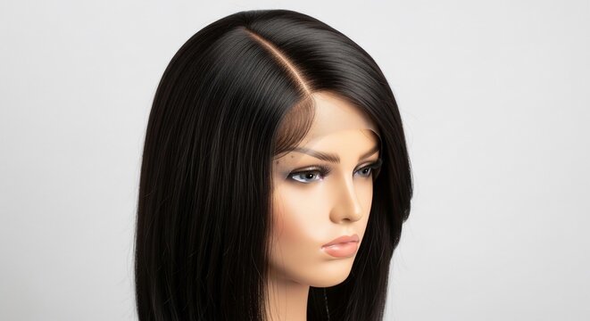 Woman wearing long dark hair wig on mannequin head