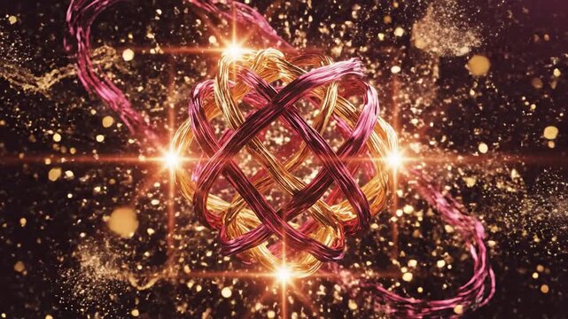 Intricate Crimson and Gold Filaments Intertwining and Twisting in Abstract Ephemeral Forms with Sparkling Particles