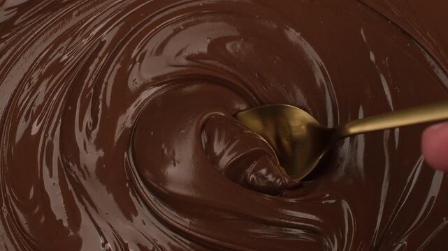 Melted chocolate scooping with a spoon, close up. Smooth glossy texture and dessert preparation process