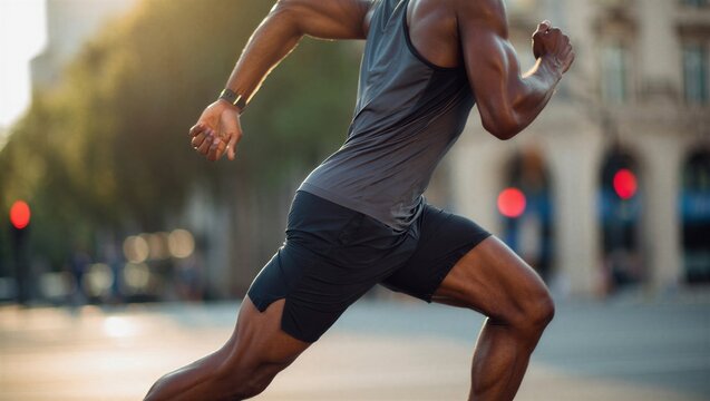 A man in athletic wear sprints on a city street, showcasing determination and strength. Urban fitness and running concept.