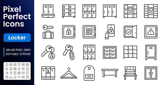 Locker room line icons set. Parcel delivery storage, automated postamat terminal, smart QR code lock, key flat minimal vector illustration. Simple outline signs. 48x48 Pixel Perfect. Editable Stroke.