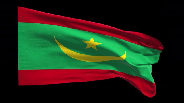 Realistic animation of the Mauritania flag waving in the wind, ideal for news, travel, diplomacy, cultural content, patriotic visuals, national holidays, educational projects, presentations web banner