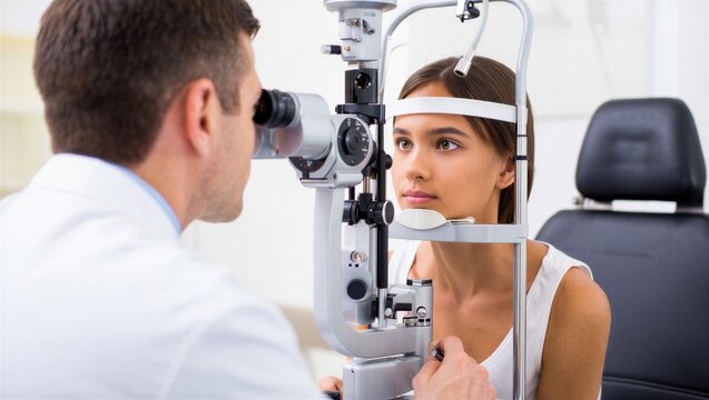 An optometrist conducts an eye examination on a young woman using a slit lamp. Vision care and eye health.