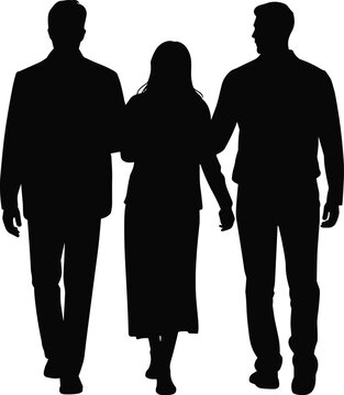 Silhouette of two men escorting a woman from behind with arms around her one woman walking