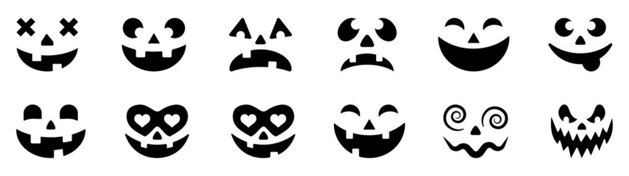 Halloween pumpkin face, jack o lantern, pumpkin emoji, spooky smile, scary face, cartoon pumpkin, halloween icon, ghost face, festive symbol collection with funny and creepy expressions.