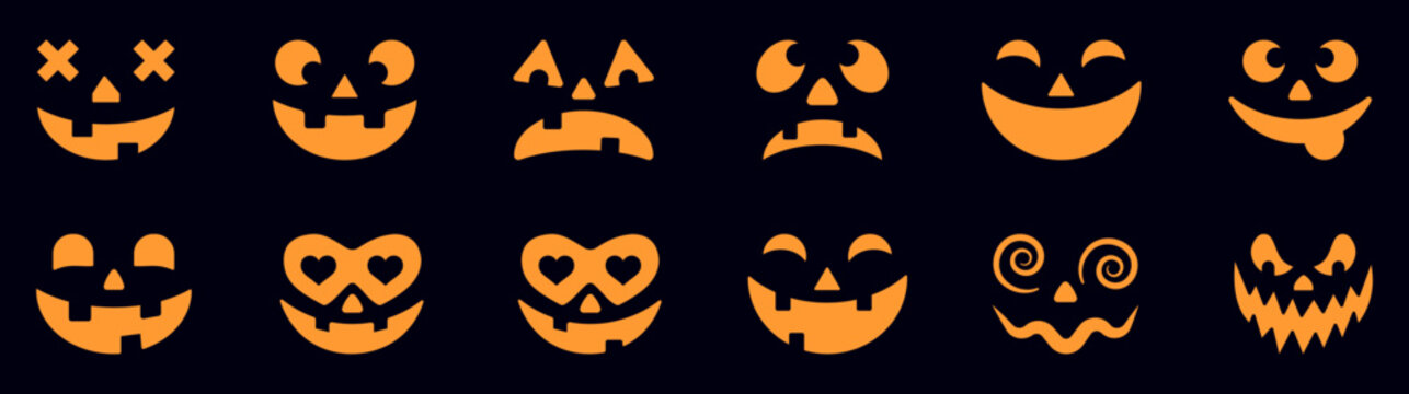 Halloween pumpkin, jack o lantern, pumpkin face, spooky, scary, smile, ghost, monster, creepy, holiday, autumn, carved pumpkin expressions collection with funny and scary faces.