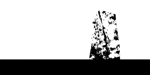 A textured stone monolith stands against a stark white background, its surface marked by dark, abstract patterns, symbolizing ancient mystery or weathered resilience. © Black Art