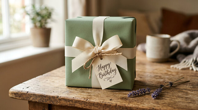 Sage green birthday gift box with cream ribbon, elegant wrapped present on rustic wooden table, minimalist gift packaging with happy birthday tag