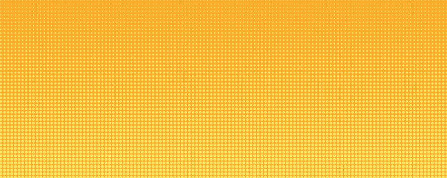Yellow orange halftone pattern. Retro comic gradient background. Square pixilated dot cartoon texture. Pop art faded gradient pattern