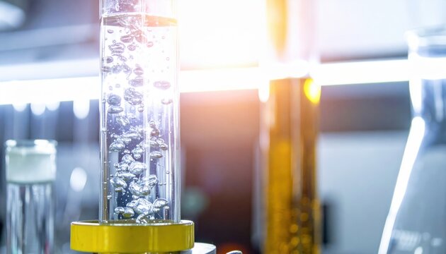 Bubbles of oxygen gas steadily rising through clear water in a tall glass beaker with soft lighting.