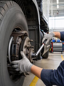 A mechanic in gray gloves is using a torque wrench to repair a truck wheel in a well-lit automotive workshop. Vehicle maintenance and repair.